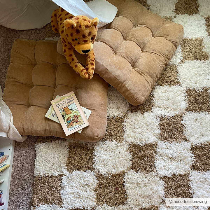 Modern Geometrical Mustard and Ivory Checkered Board Plush Pile Moroccan Style Area Rug - The Rug Decor