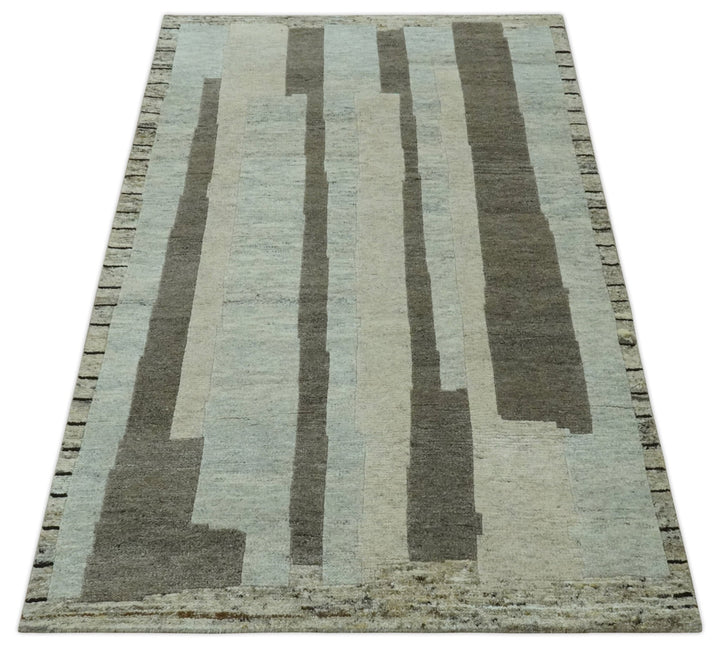 Modern Geometrical Silver, Ivory and Charcoal Hand Knotted 5x8 wool area Rug - The Rug Decor