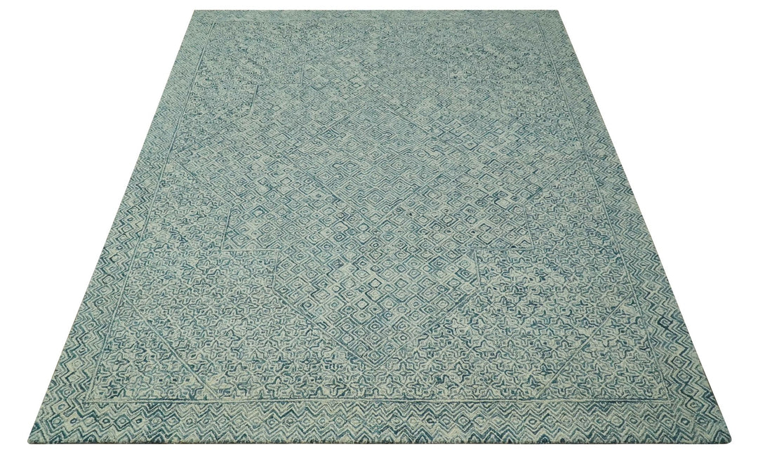 Modern Geometrical Teal and Ivory Hand Tufted Custom Made wool area rug - The Rug Decor