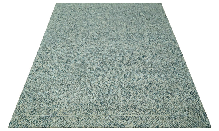 Modern Geometrical Teal and Ivory Hand Tufted Custom Made wool area rug - The Rug Decor