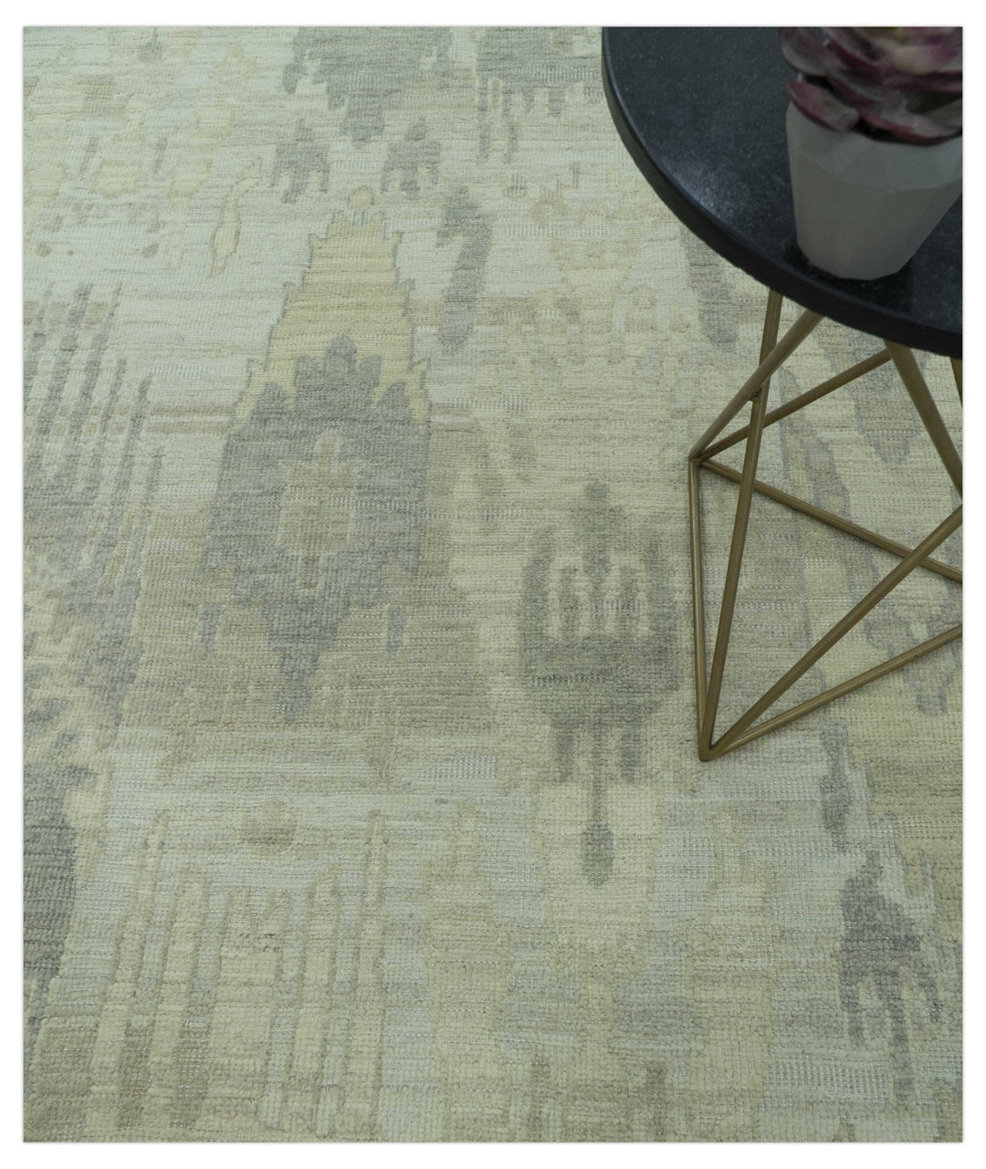 Modern Ikat Design distressed Beige And Charcoal Hand Knotted Custom Made wool rug - The Rug Decor