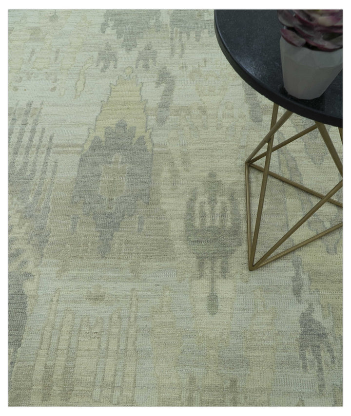 Modern Ikat Design distressed Beige And Charcoal Hand Knotted Custom Made wool rug - The Rug Decor