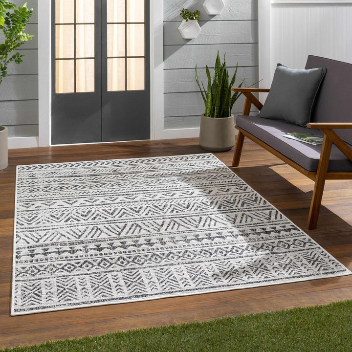 Modern Stripes Chevron Design Ivory and Charcoal Outdoor Safe Area Rug - The Rug Decor