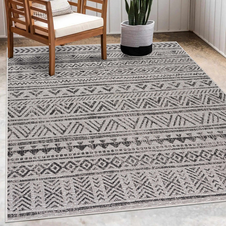 Modern Stripes Chevron Design Ivory and Charcoal Outdoor Safe Area Rug - The Rug Decor