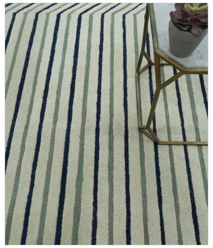Modern Stripes Design Beige And Blue Hand Tufted Custom Made Wool Area Rug - The Rug Decor