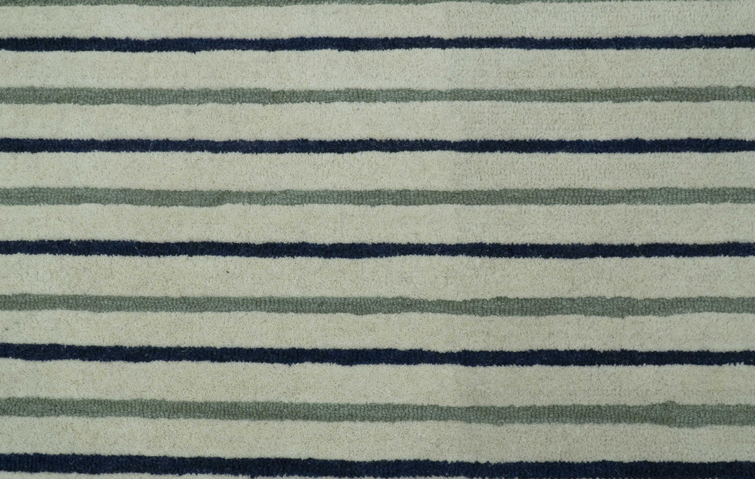 Modern Stripes Design Beige And Blue Hand Tufted Custom Made Wool Area Rug - The Rug Decor