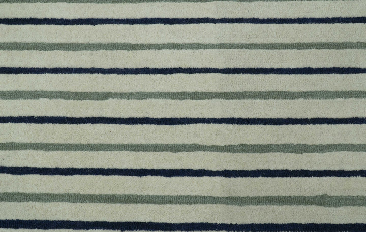 Modern Stripes Design Beige And Blue Hand Tufted Custom Made Wool Area Rug - The Rug Decor