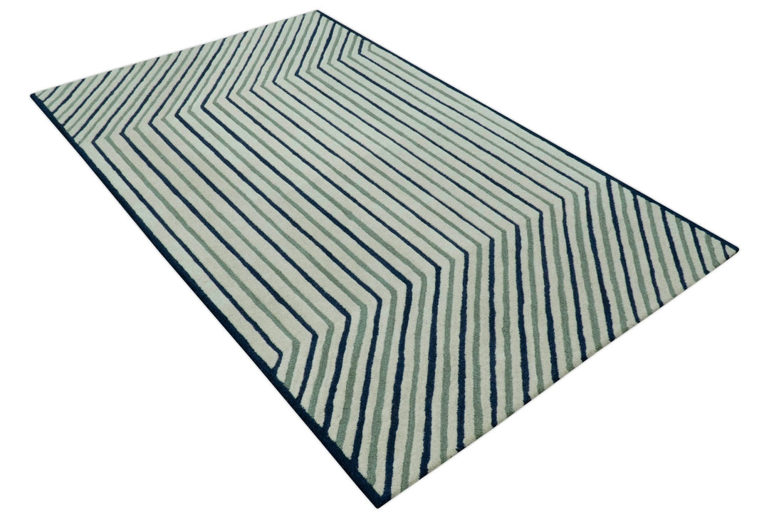 Modern Stripes Design Beige And Blue Hand Tufted Custom Made Wool Area Rug - The Rug Decor