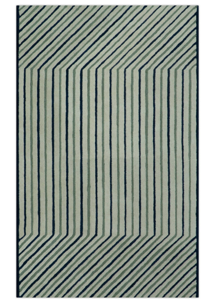 Modern Stripes Design Beige And Blue Hand Tufted Custom Made Wool Area Rug - The Rug Decor