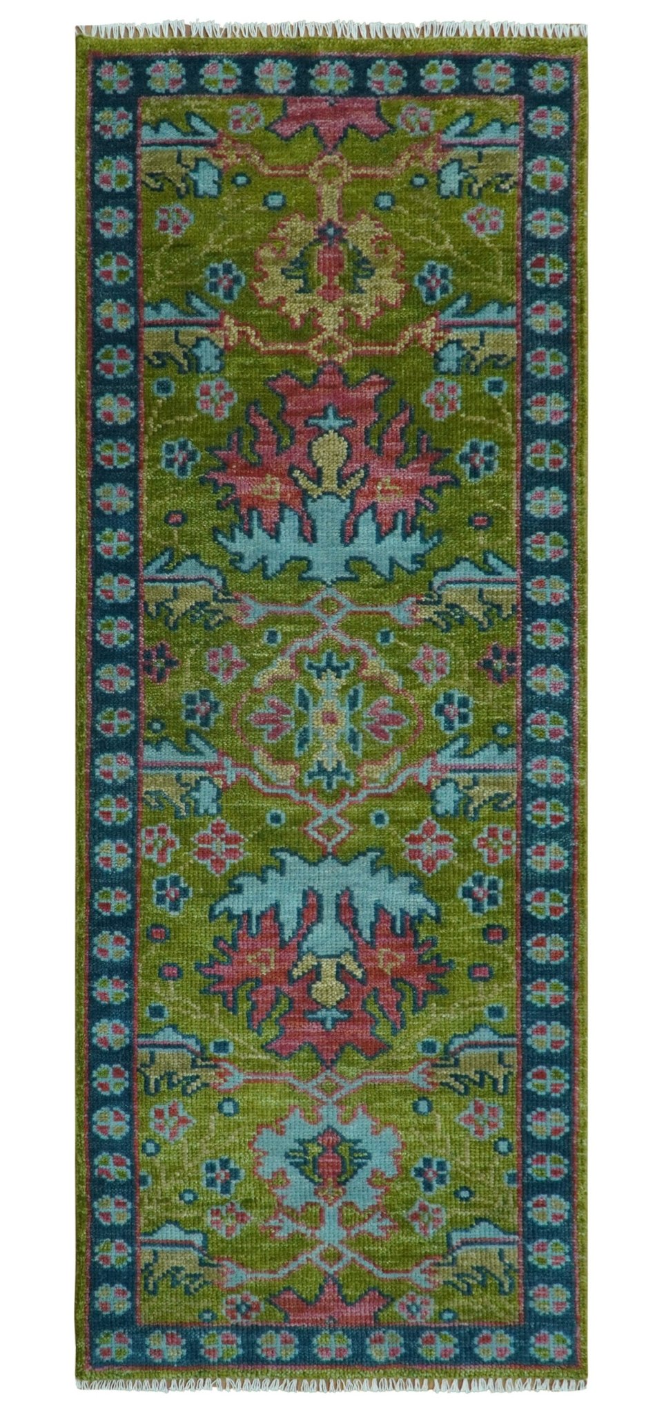 Moss Green, Blue and Peach Hand Knotted Vibrant colorful Donegal Design Multi Size Wool Area Rug - The Rug Decor