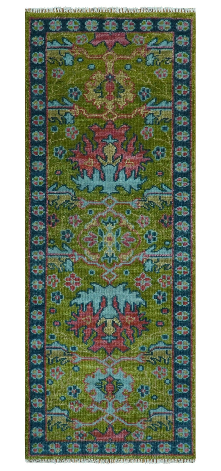 Moss Green, Blue and Peach Hand Knotted Vibrant colorful Donegal Design Multi Size Wool Area Rug - The Rug Decor