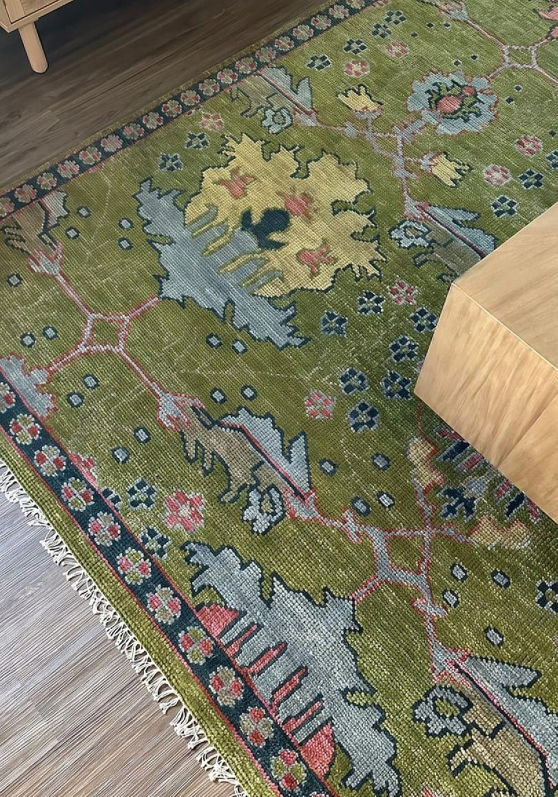 Moss Green, Blue and Peach Hand Knotted Vibrant colorful Donegal Design Multi Size Wool Area Rug - The Rug Decor