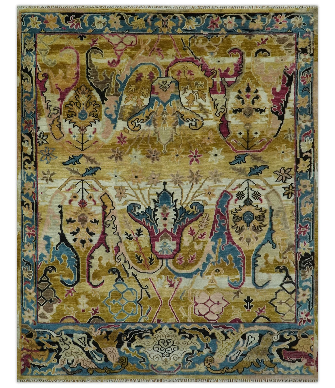 Mustard and Teal Transitional Dragon Oushak 8x10 hand knotted wool area rug - The Rug Decor