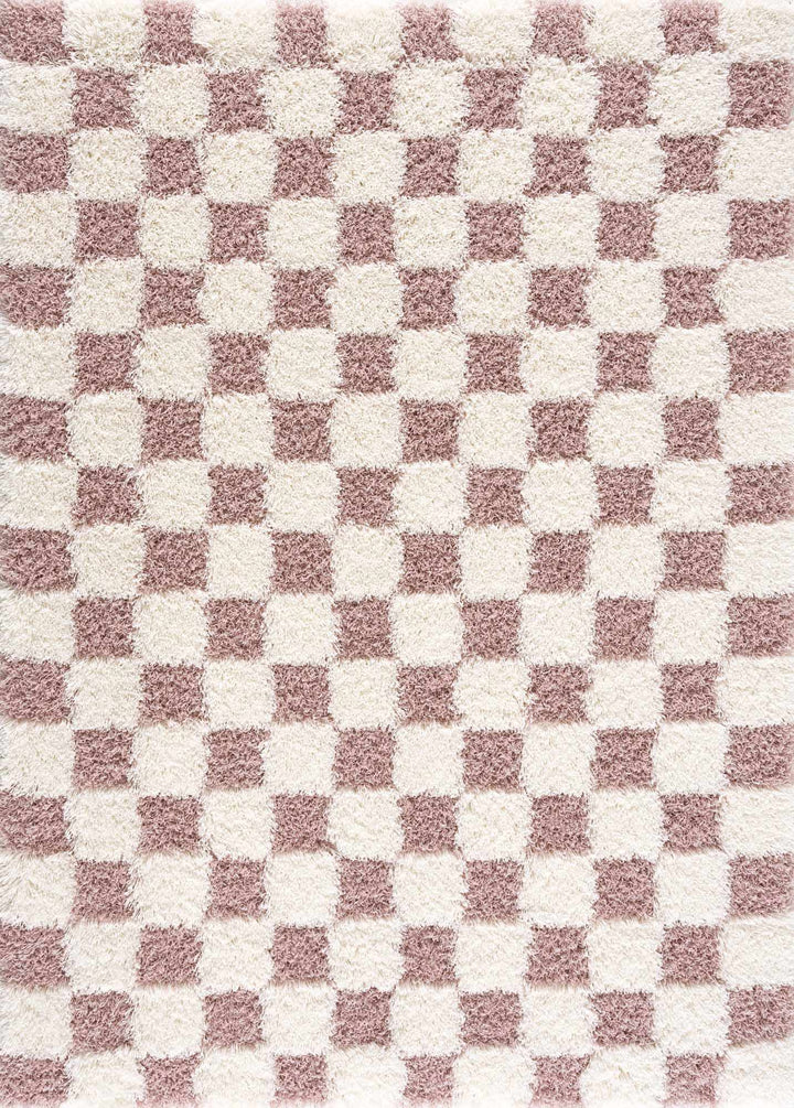 Peach and Ivory Modern Geometrical Checker Board Plush Pile Moroccan Style Area Rug - The Rug Decor