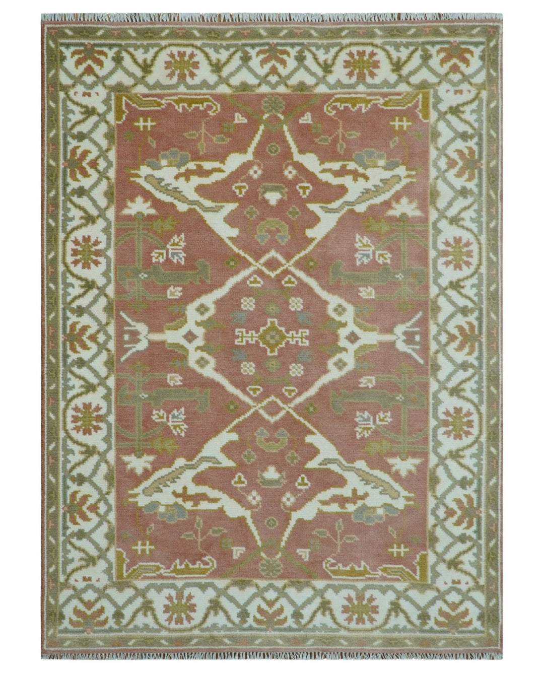 Peach, Ivory and Olive Hand knotted Multi size Oriental Oushak Traditional Wool Area Rug - The Rug Decor