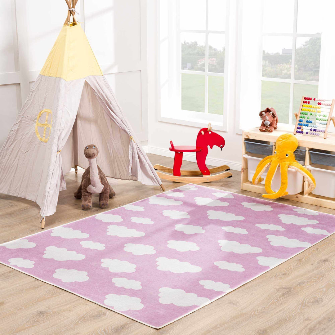 Pink and Ivory Cloud printed Washable Kids Rug, Perfect for kids room - The Rug Decor