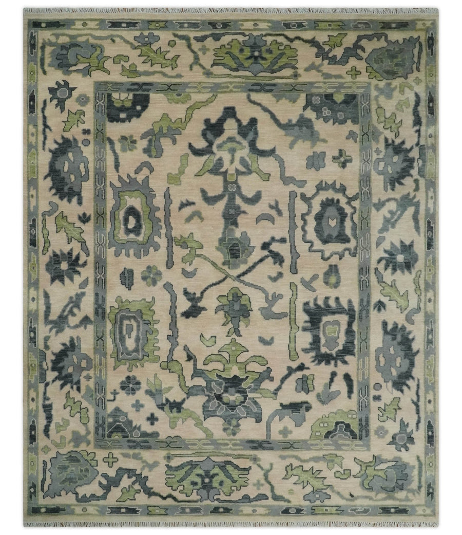 Pink, Charcoal and Green Hand knotted Oushak Traditional Wool Area Rug - The Rug Decor
