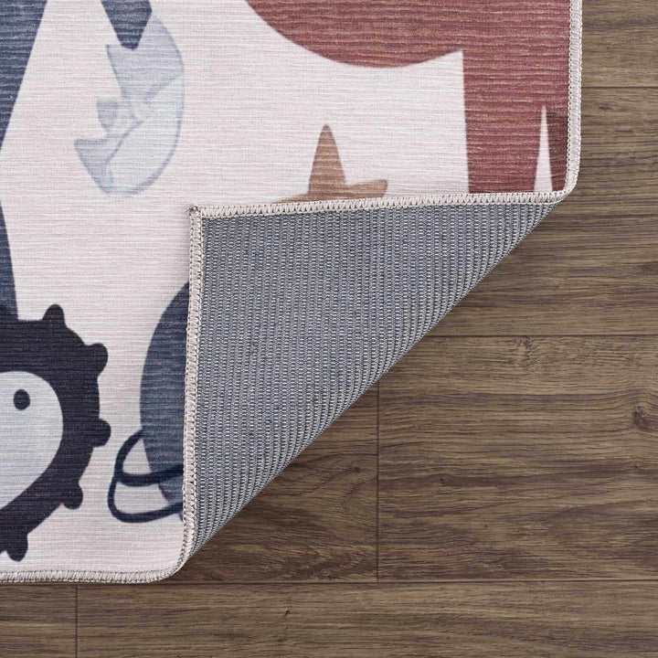 Playful Light Pink, Brown and Charcoal Washable Kids Rug with Cartoon Printed - The Rug Decor