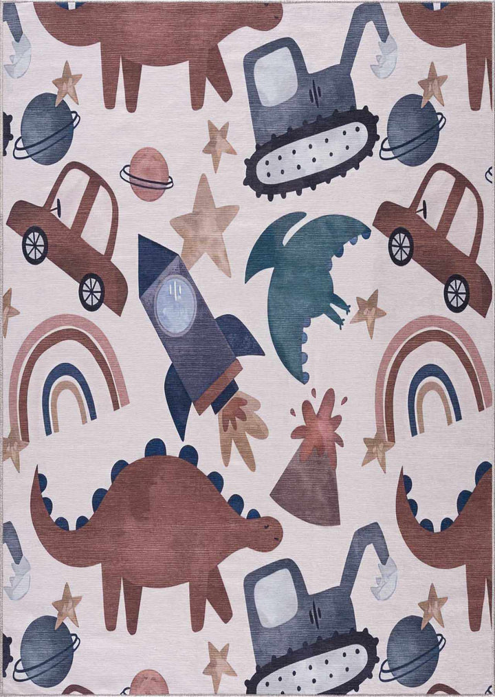 Playful Light Pink, Brown and Charcoal Washable Kids Rug with Cartoon Printed - The Rug Decor