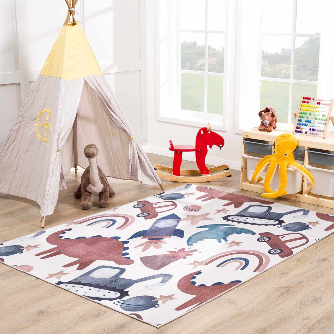 Playful Light Pink, Brown and Charcoal Washable Kids Rug with Cartoon Printed - The Rug Decor