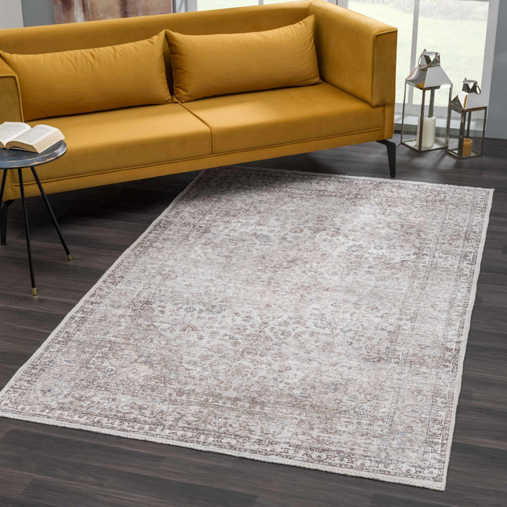 Premium Antique style Ivory, Beige and Brown Traditional Medallion Washable Area Rug - The Rug Decor