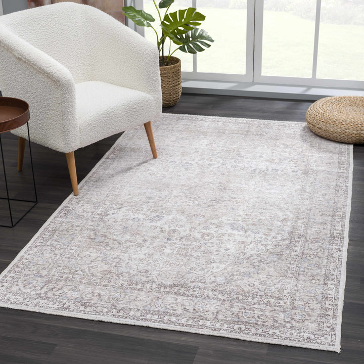 Premium Antique style Ivory, Beige and Brown Traditional Medallion Washable Area Rug - The Rug Decor