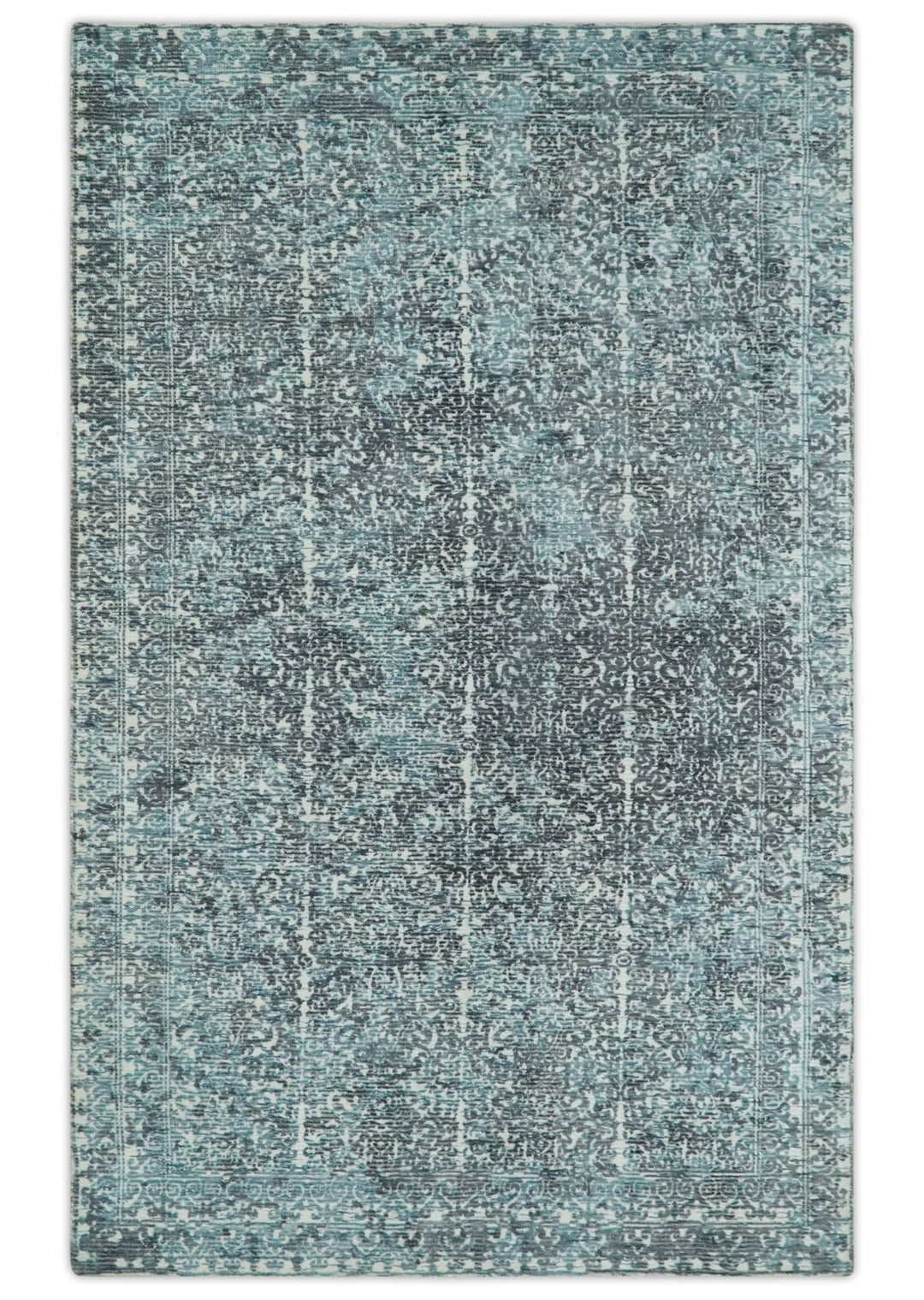 Premium look antique Design Teal, Charcoal and Ivory 5x8 Hand loom wool and Viscose Area Rug - The Rug Decor
