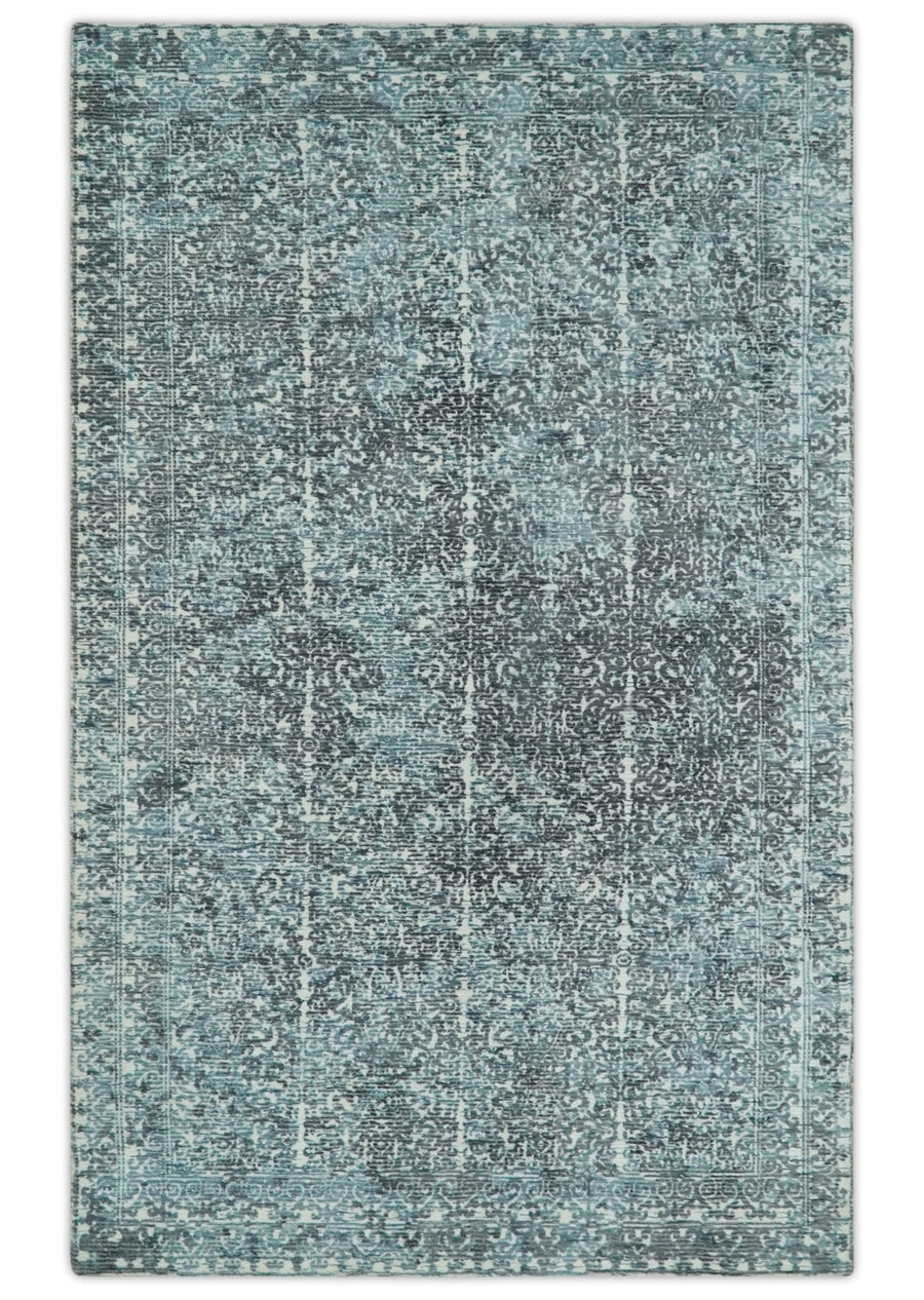 Premium look antique Design Teal, Charcoal and Ivory 5x8 Hand loom wool and Viscose Area Rug - The Rug Decor