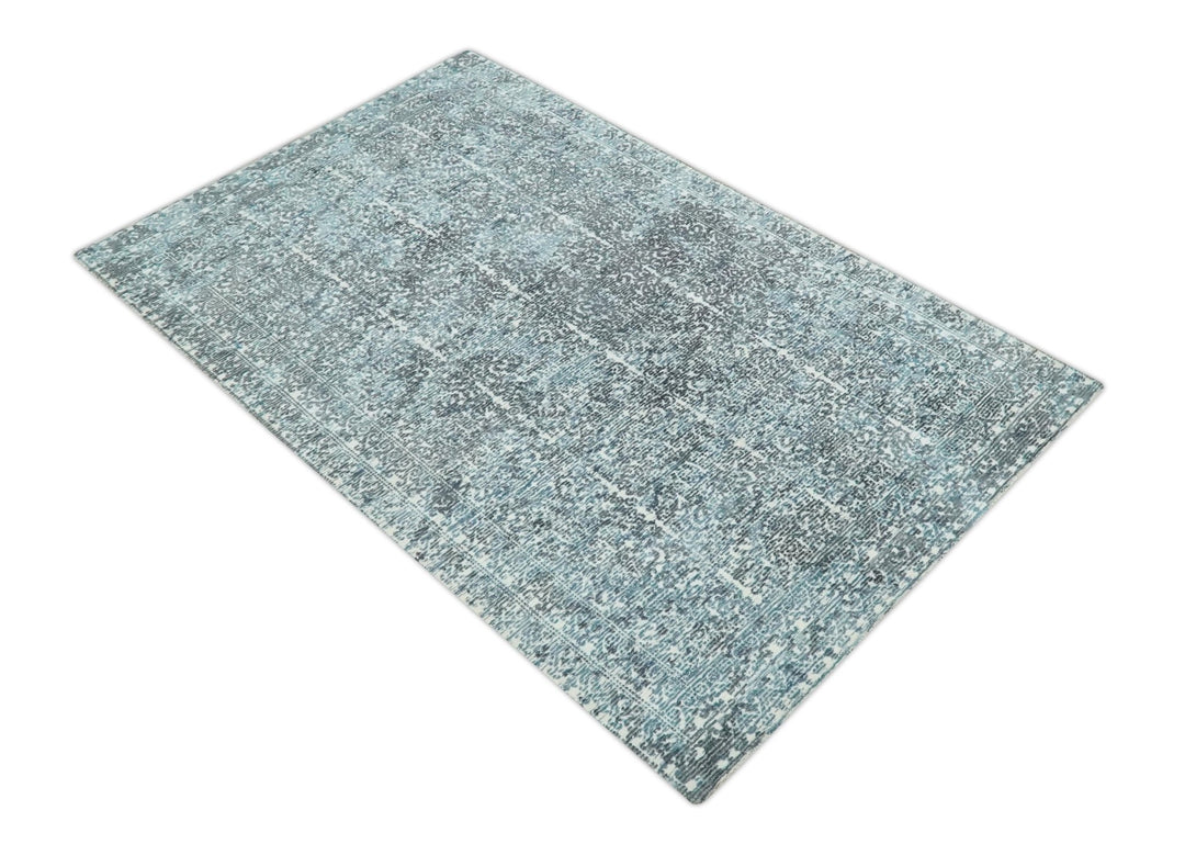Premium look antique Design Teal, Charcoal and Ivory 5x8 Hand loom wool and Viscose Area Rug - The Rug Decor