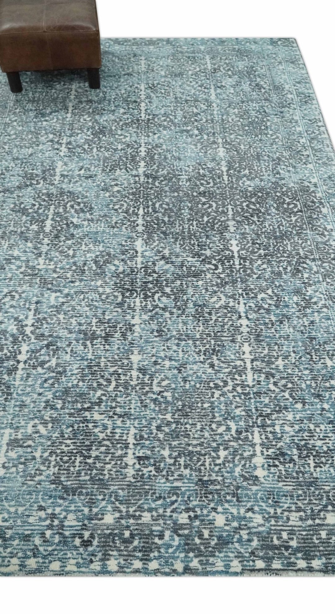 Premium look antique Design Teal, Charcoal and Ivory 5x8 Hand loom wool and Viscose Area Rug - The Rug Decor