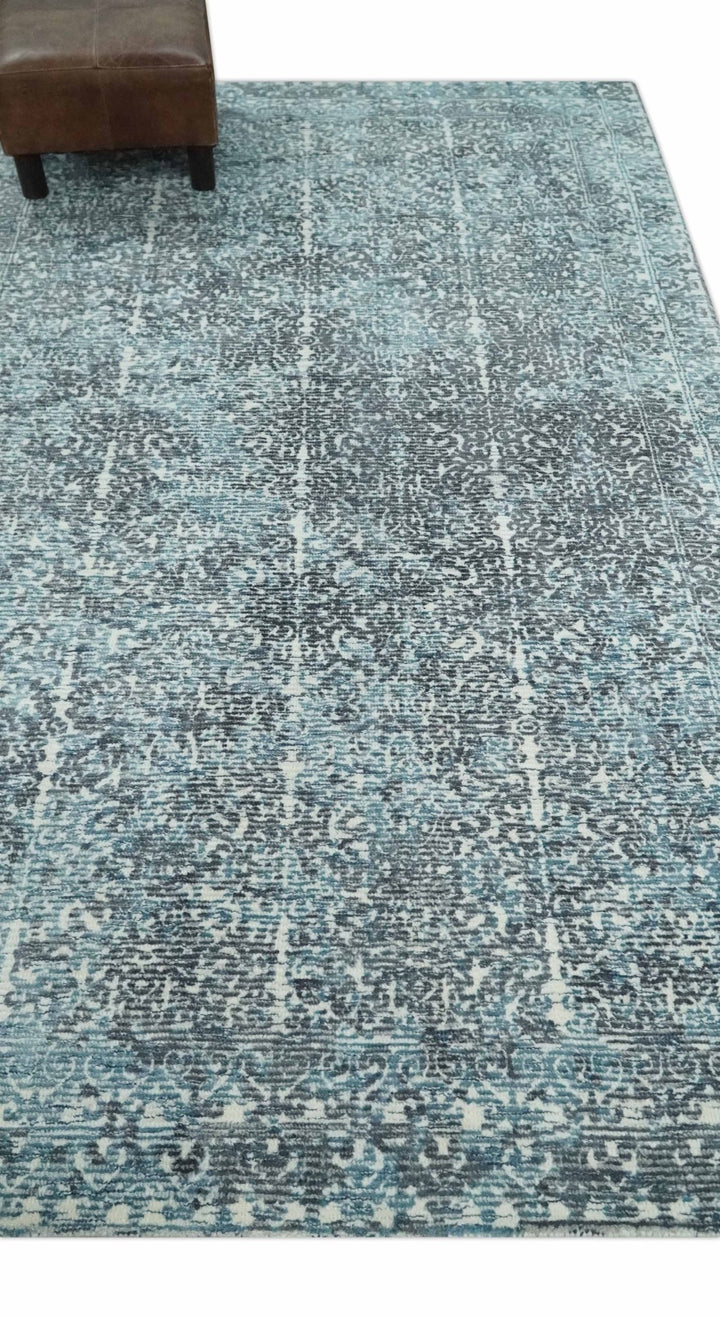 Premium look antique Design Teal, Charcoal and Ivory 5x8 Hand loom wool and Viscose Area Rug - The Rug Decor