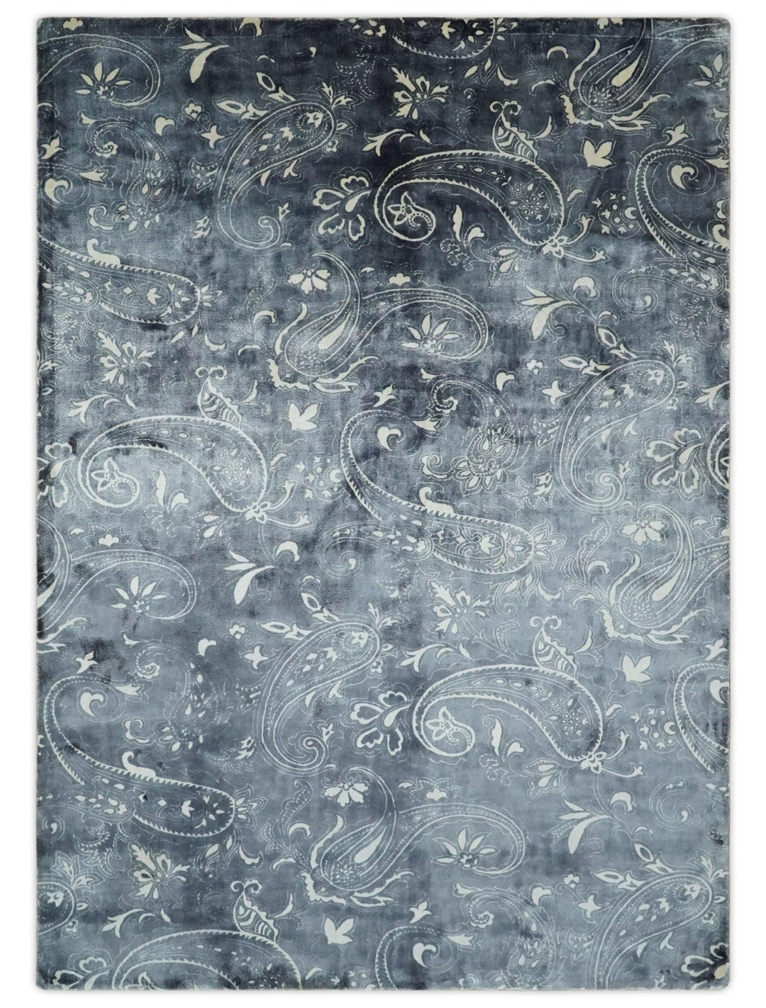 Premium look Charcoal, Ivory and Silver Hand loom Traditional Boteh Design Wool and Viscose Area Rug - The Rug Decor