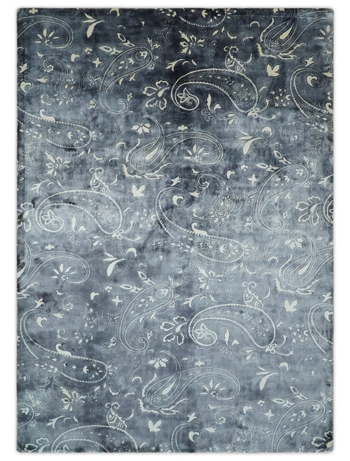 Premium look Charcoal, Ivory and Silver Hand loom Traditional Boteh Design Wool and Viscose Area Rug - The Rug Decor