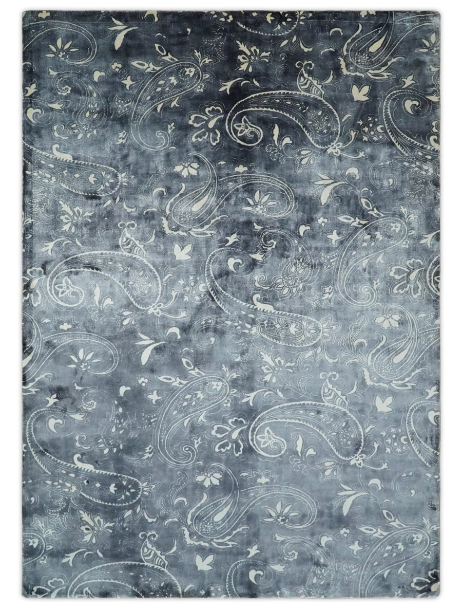 Premium look Charcoal, Ivory and Silver Hand loom Traditional Boteh Design Wool and Viscose Area Rug - The Rug Decor