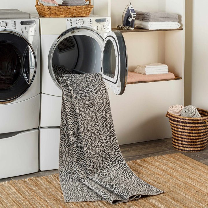 Premium look Silver and Black Geometrical washable Area Rug - The Rug Decor