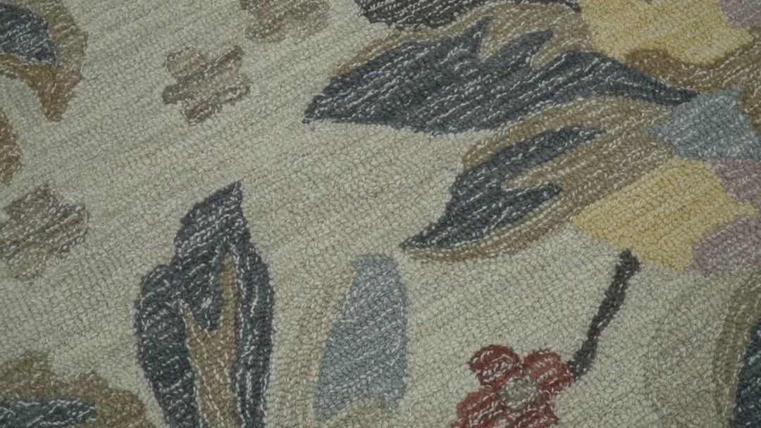 Custom Made Ivory, Charcoal and Olive Floral Design Colorful Hand Tufted wool rug