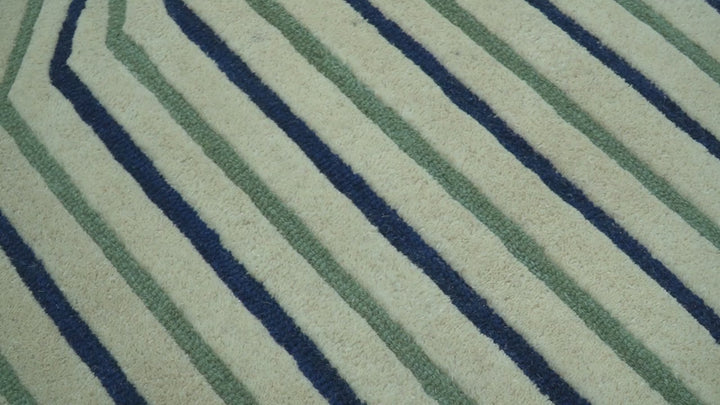 Modern Stripes Design Beige And Blue Hand Tufted Custom Made Wool Area Rug