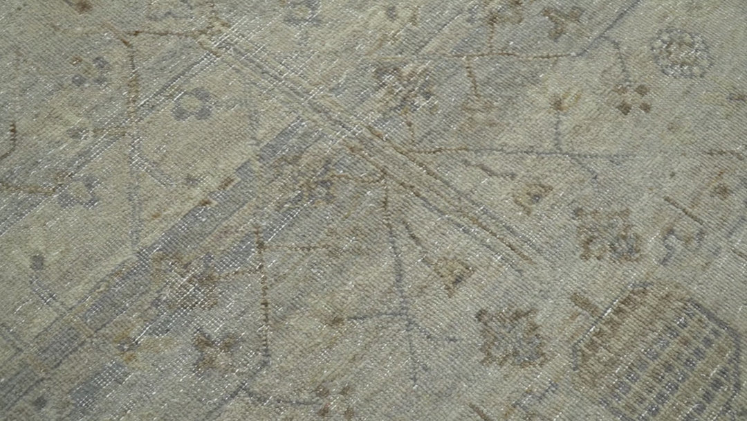 Distressed Silver And Beige Hand Knotted khotan design Custom Made wool area rug