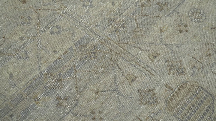 Distressed Silver And Beige Hand Knotted khotan design Custom Made wool area rug
