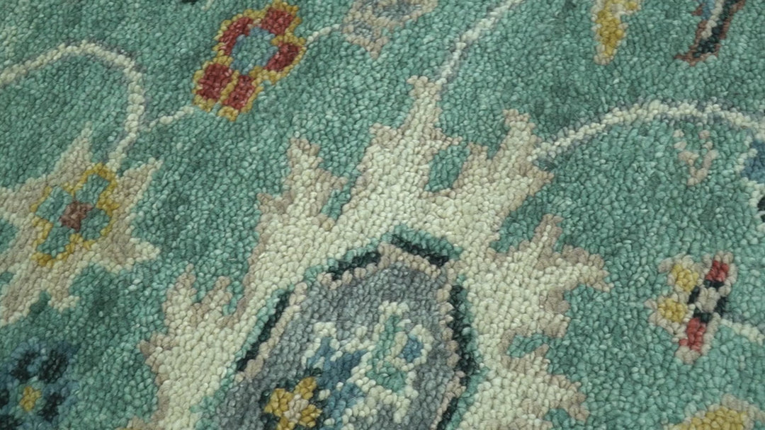 Teal And Yellow Modern Oushak Style Hand Knotted Custom Made Wool Rug