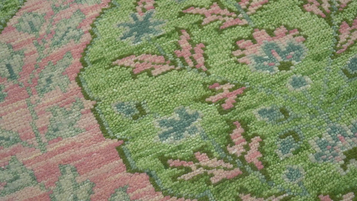Custom Made Pink And Green Traditional Floral Motifs Design Hand Knotted wool area rug