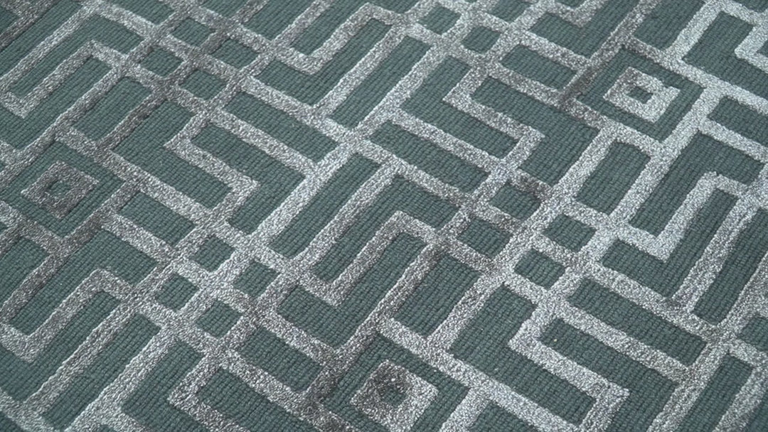 Modern Geometric Design Dark Teal And Silver 8x10 Hand Knotted Wool And Art Silk Rug