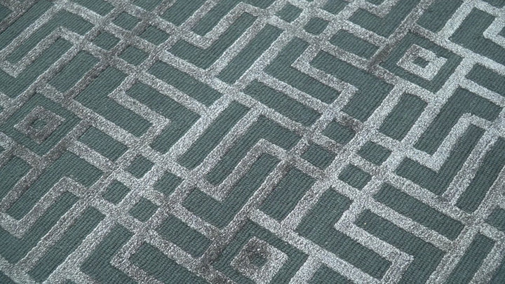 Modern Geometric Design Dark Teal And Silver 8x10 Hand Knotted Wool And Art Silk Rug
