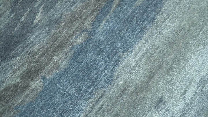 Modern Abstract Pattern Blue And Silver Hand Knotted 4x6 Bamboo Silk Area Rug