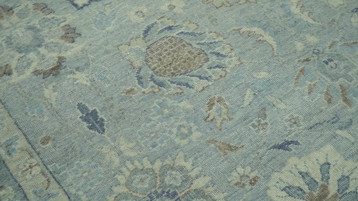 Distressed Hand Knotted Blue And Beige Traditional Design 9x13 Wool Area Rug
