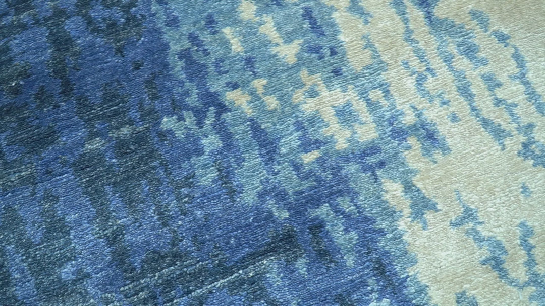 Modern Abstract Design Beige And Blue 9x12 Hand Knotted Bamboo Silk Area Rug