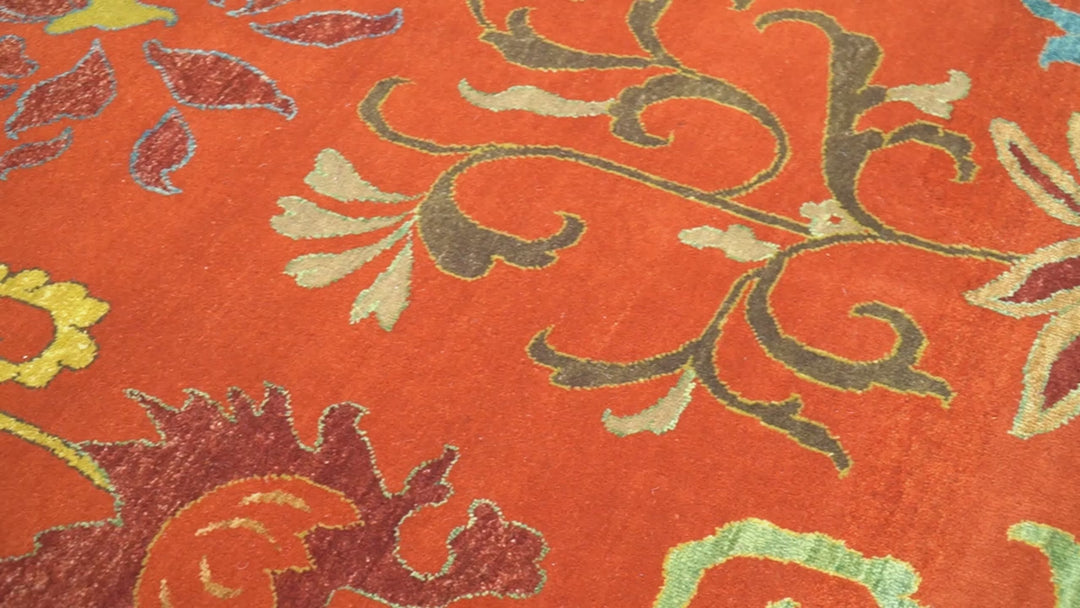 Modern Floral Orange 8x10 Hand Knotted wool Area Rug