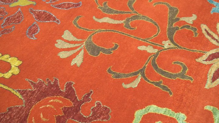 Modern Floral Orange 8x10 Hand Knotted wool Area Rug
