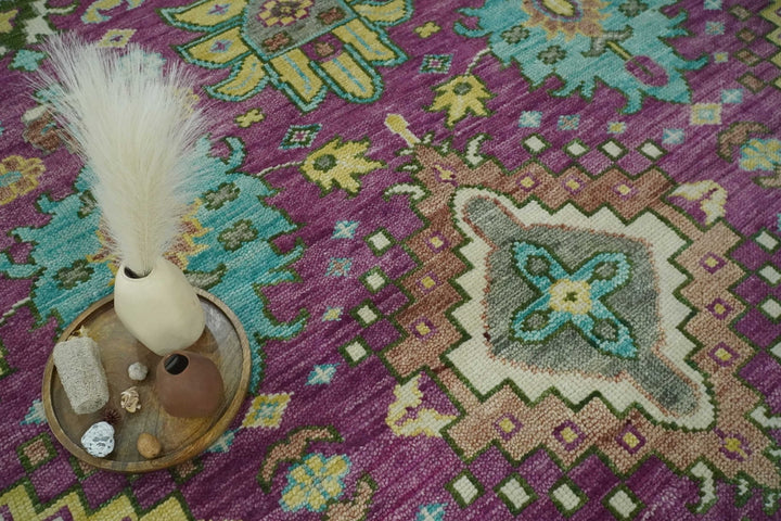 Purple, Ivory, Green and Aqua Hand Knotted Traditional Oushak 9x12 wool Area Rug - The Rug Decor