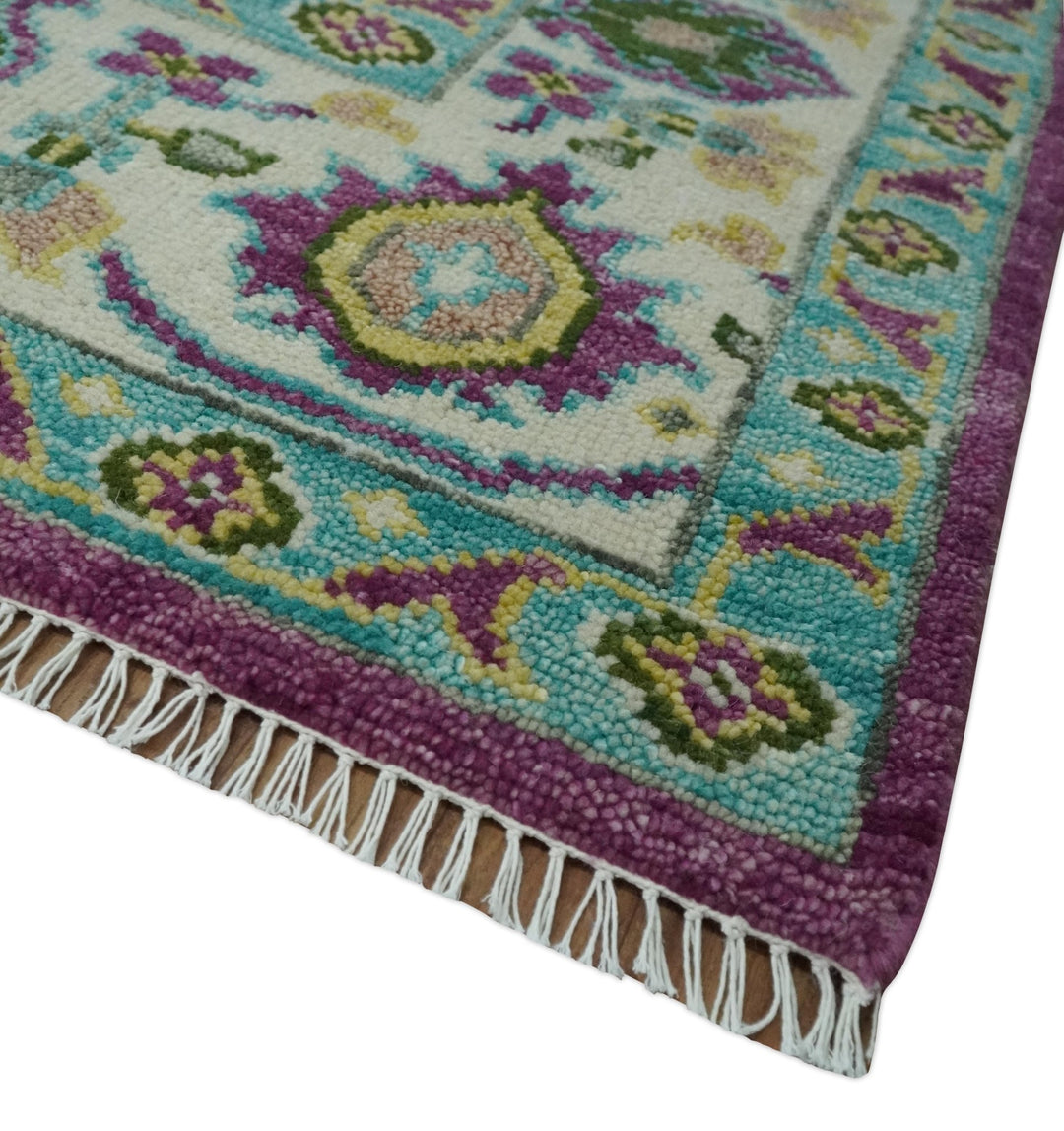 Purple, Ivory, Green and Aqua Hand Knotted Traditional Oushak 9x12 wool Area Rug - The Rug Decor